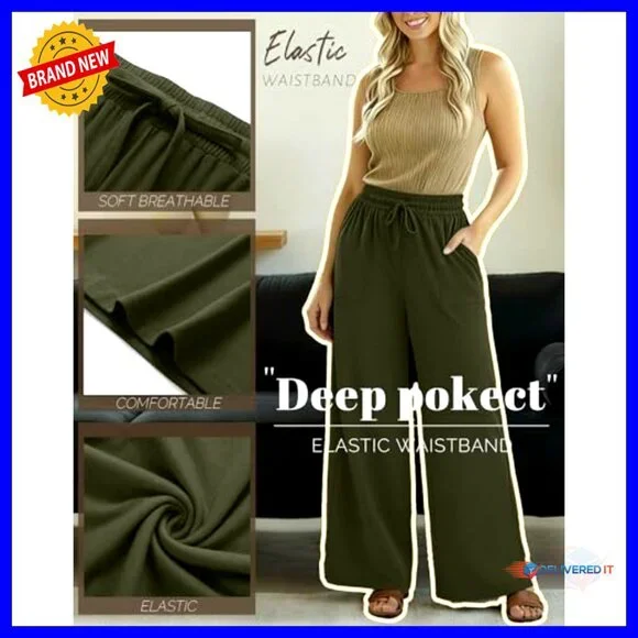 Plus Size Wide Leg Pants 3-Pack Stretchy Drawstring Waist with Pockets - Picture 3 of 7